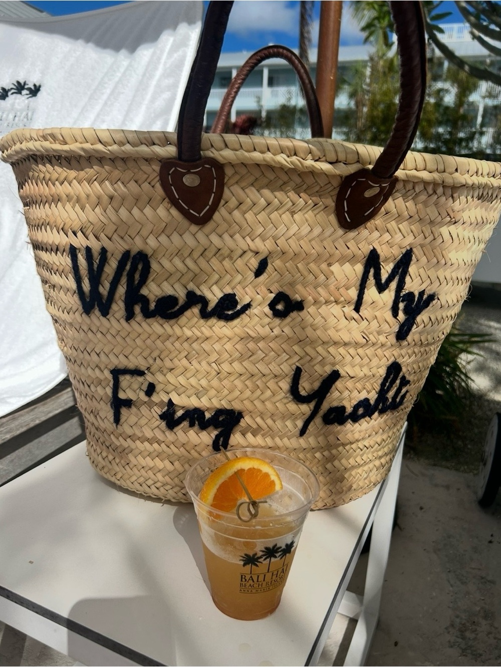 Sunni Spencer Poolside Large Straw Tote “Where’s My F’ing Yacht”